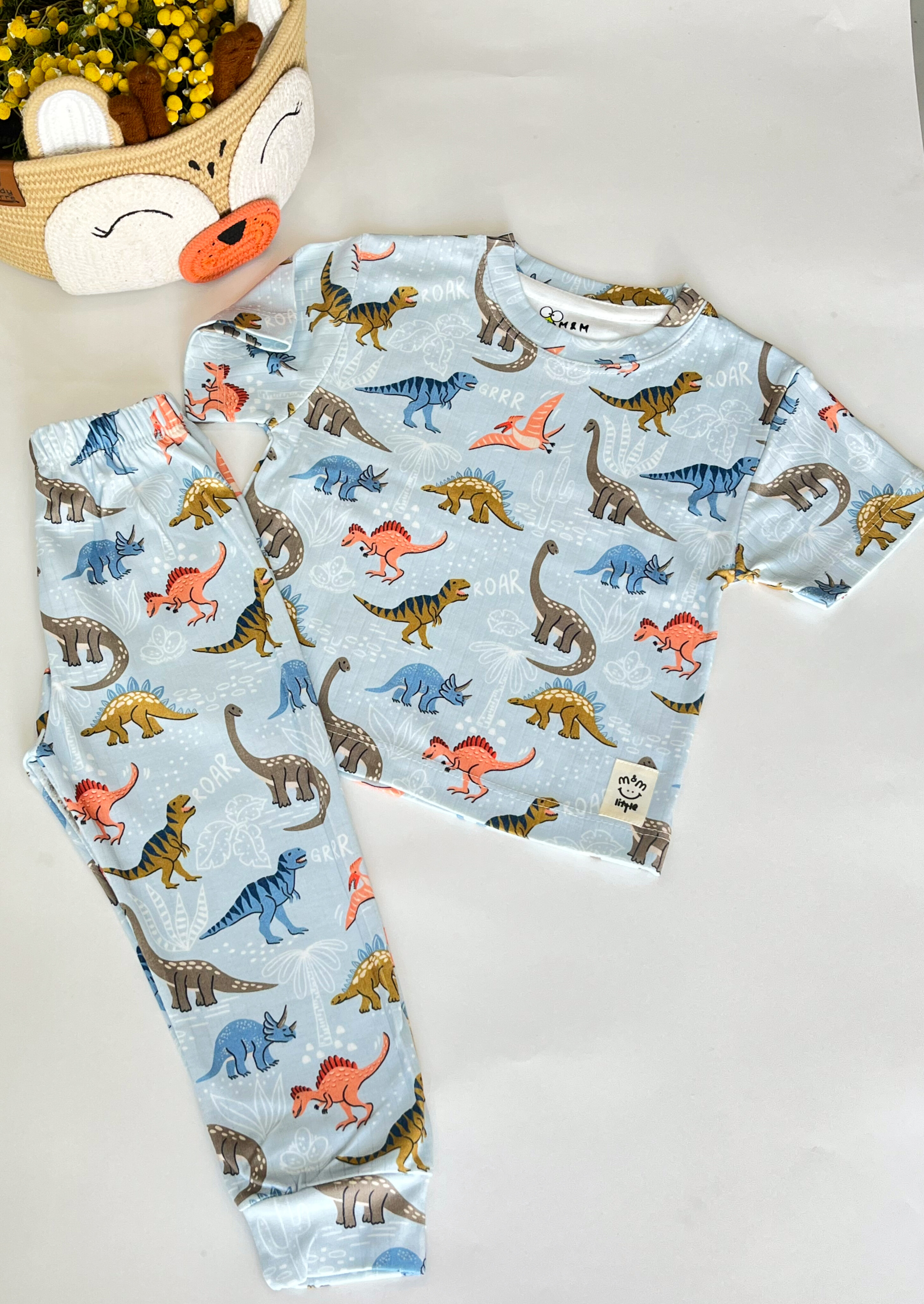 ست تیشرت و شلوار طرح دایناسورآبی(دختر/پسر)مناسب ۲سال تا ۹🦕🦖