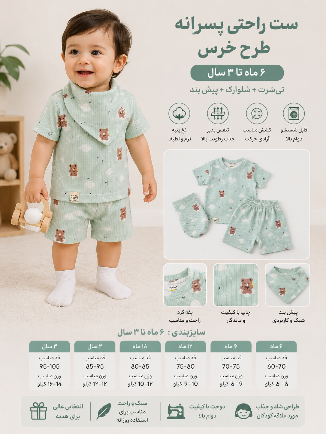ست تیشرت و شلوارک پسرانه طرح تدی و ابر/ ۶ماه تا۳سال